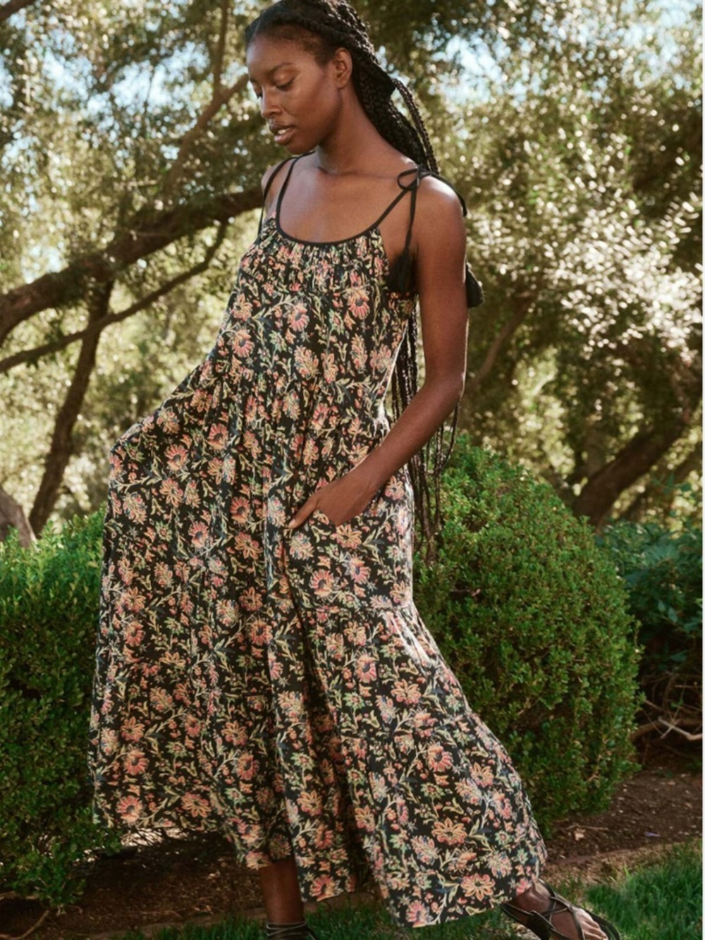 The Great. The Breeze Midi Dress in Black Floral Size 0/XS